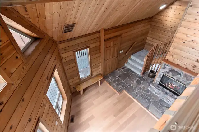 The loft view down to the main living area.