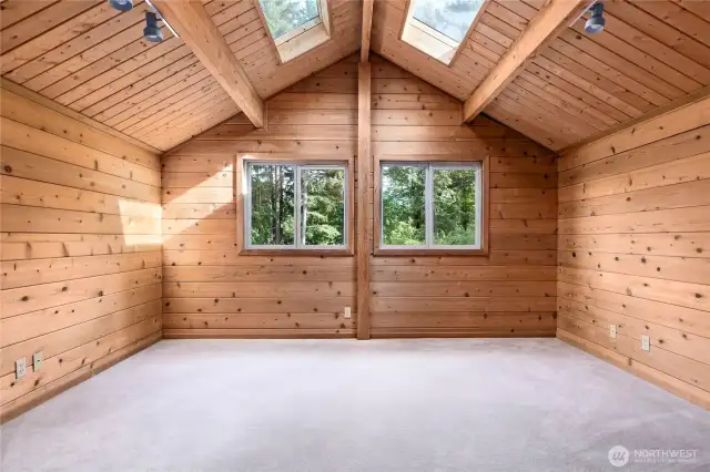 Primary bedroom on upper level, with plenty of light from large windows and two skylights.