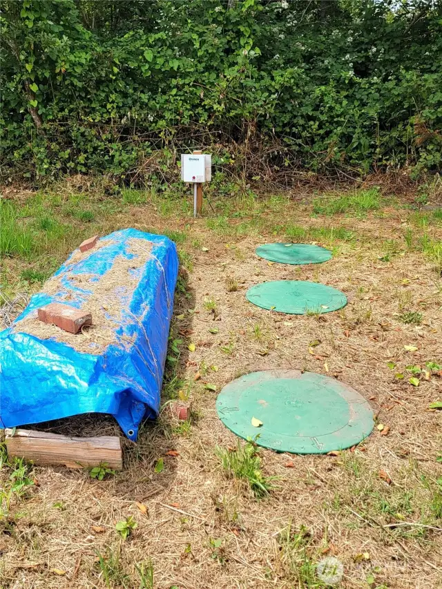 Blue tarp covers fence boards intended to be installs along easterly property boundary.