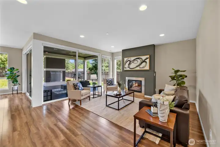 Great room with view to the deck and backyard