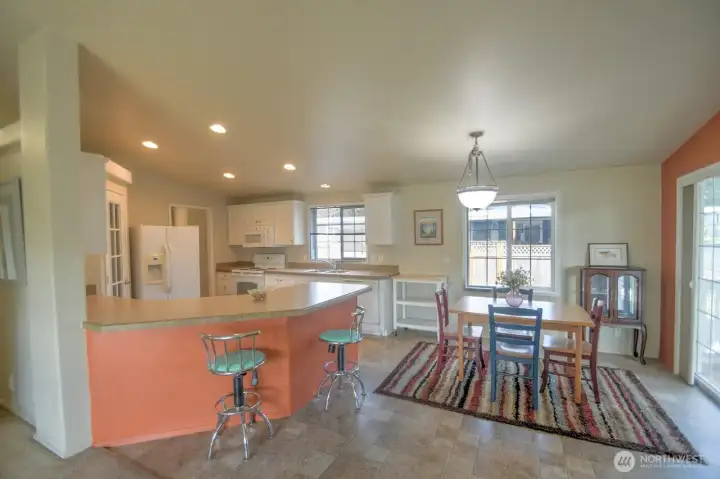 dining and kitchen, view from living room