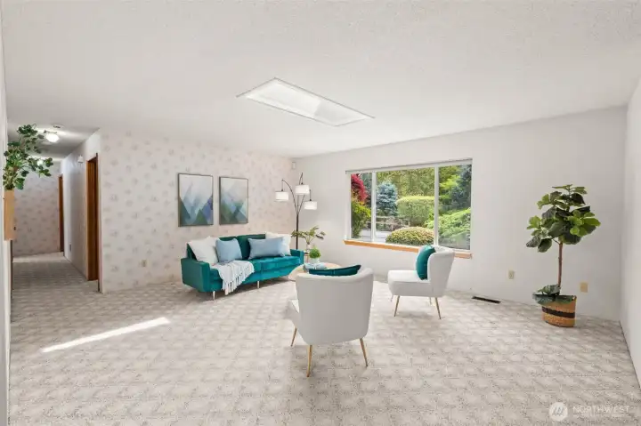 As you step inside, the spacious living room opens up around you, and the skylight above fills the space with natural light in a way that's instantly welcoming.