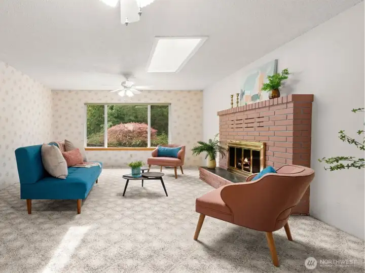 Back inside, here’s the family room with the fireplace, bringing warmth and character to the space. The big picture window frames the landscaping beautifully, with a gorgeous Japanese maple adding a beautiful splash of color outside.