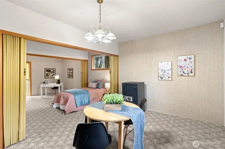 Clean and welcoming, this room offers a generous amount of space and there are so many ways it could come together to suit your personal needs.