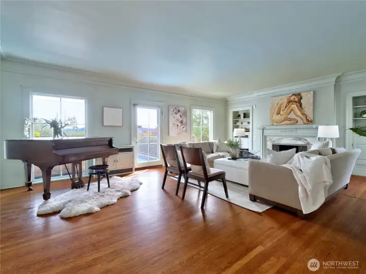 Living room with original hardwood floors.