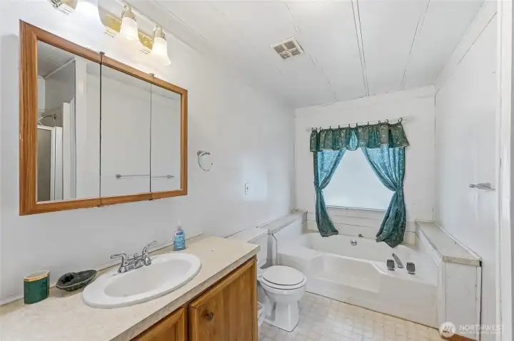 Primary bathroom features soaking tub and separate shower.