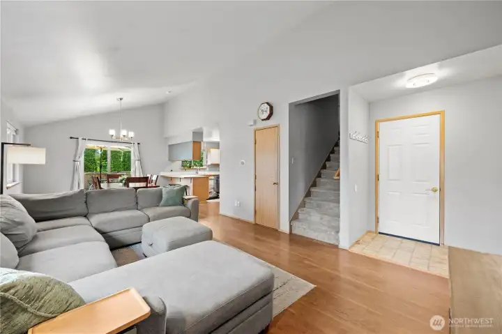 Vaulted ceilings and natural light create a living space that feels open, airy, and welcoming.