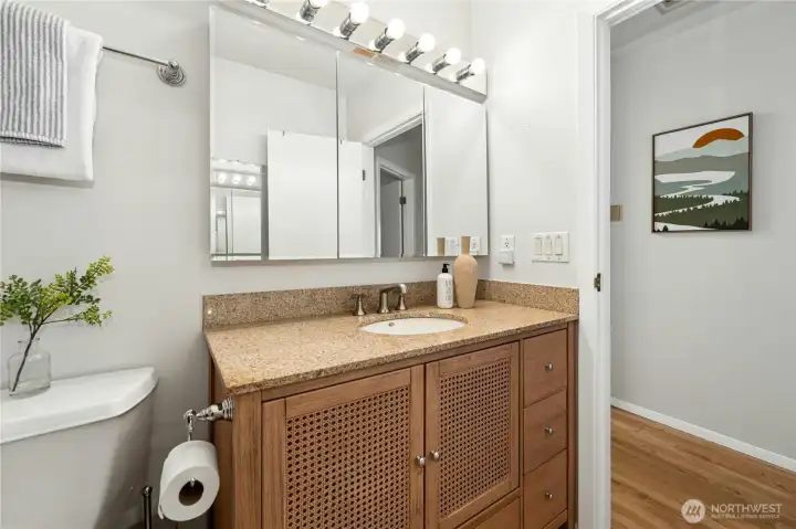 A refreshed bathroom featuring updated cabinetry.