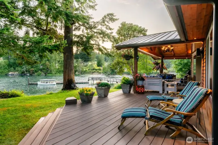 Multiple outdoor seating areas for dining, relaxing, and gathering.