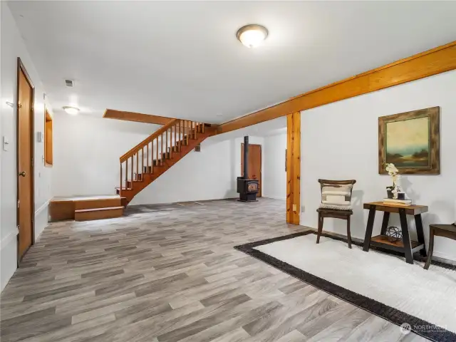 lower level family room with wood stove