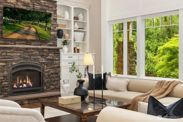 Gorgeous stone gas fireplace.