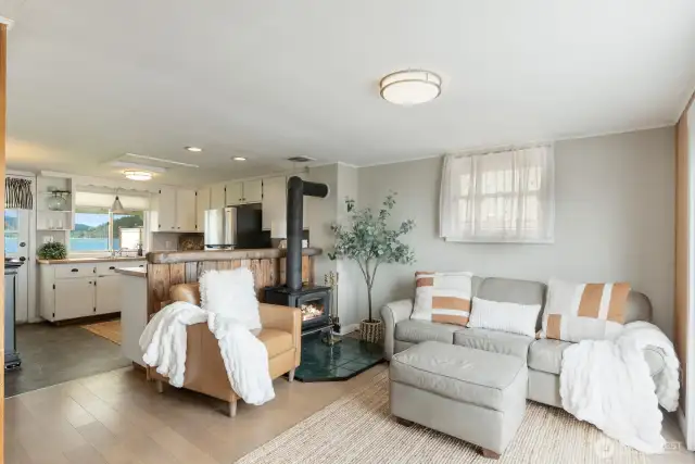 Living room with wood burning stove.