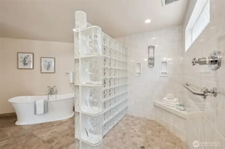 . . . with spa-like walk-in glass block shower
