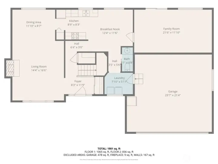 The main level includes a large family room, separate living and dining areas, and a kitchen with an adjacent breakfast nook. A half bath, uitility room, and access to the attached two-car garage complete the layout.