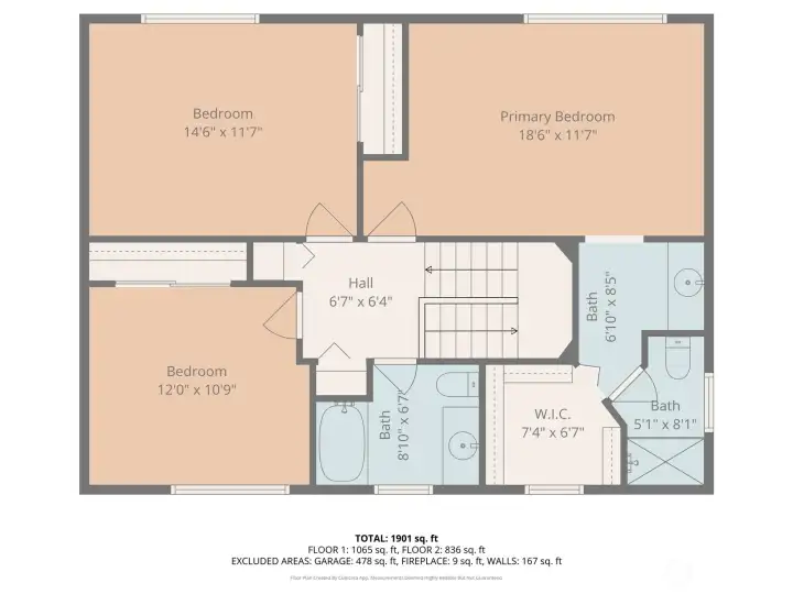 Upper level features a spacious primary suite with walk-in closet and private bath, plus two additional bedrooms and two more bathrooms. Central hallway connects all rooms and overlooks the staircase to the main floor.