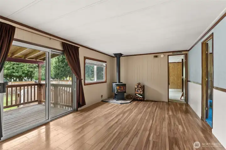 Family room with wood stove.