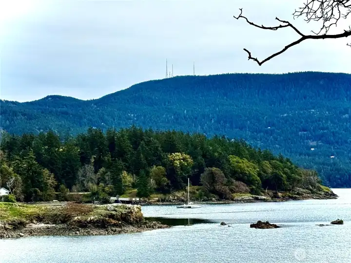Looking to the east. Public dock located on Madrona Point with Mount Constitution as a backdrop. Protected Indian Island to the left in foreground.