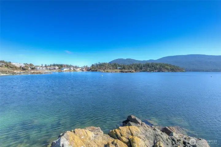 Looking north into Eastsound Village from the point. Buck Mountain and Mt Constitution in the background.