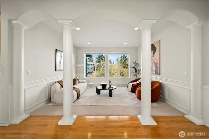 Formal living room with water view.