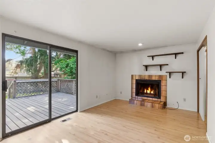 Another family room view highlighting the large deck.