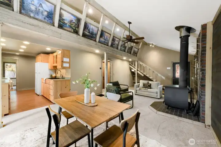 A cozy retreat after a day outdoors. The wood stove creates the perfect place to warm up after skiing, snowmobiling, hiking, or boating. A cozy retreat after a day outdoors. The wood stove creates the perfect place to warm up after skiing, snowmobiling, hiking, or boating.