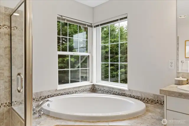 Luxurious soaking tub with private, green views. Take a break from your busy days to enjoy a relaxing bath.