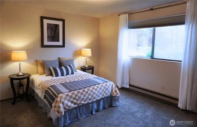 Large bedroom can accommodate any size bed with room to spare