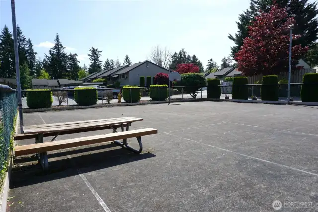 Fully fenced athletic court with picnic table