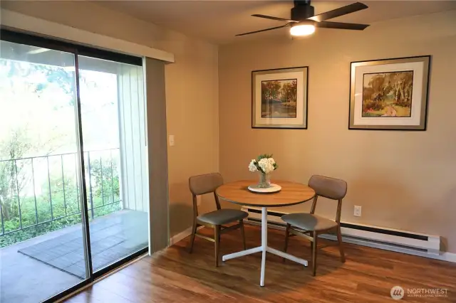 View of sliding door leading to private deck and storage closet