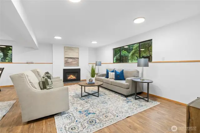 Lower level Bonus Room with gas fireplace. The perfect place to relax, watch movies, entertain friends!