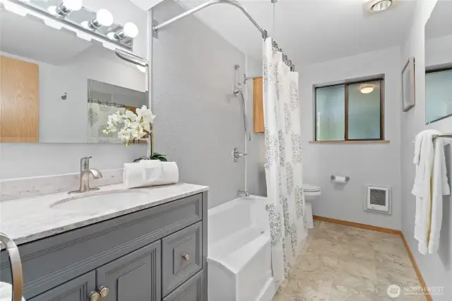 Updated Full Bath on lower level, marble vanity and large tub for soaking or showers.