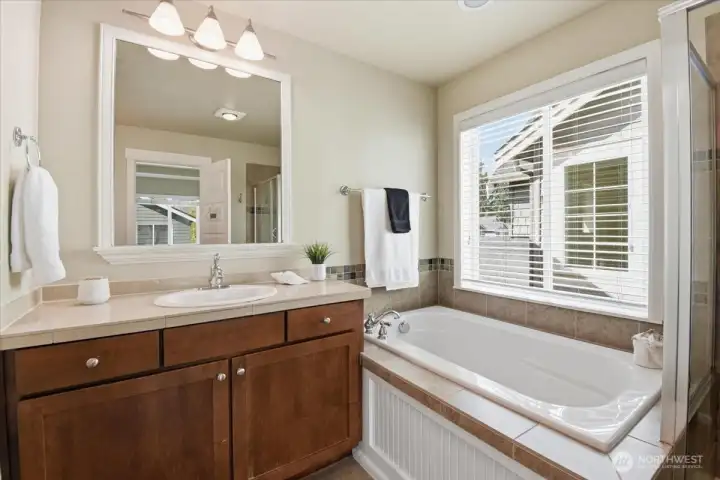 Primary bathroom with dual-use vanity area, soaking tub, full size shower, and large window for bright natural light.