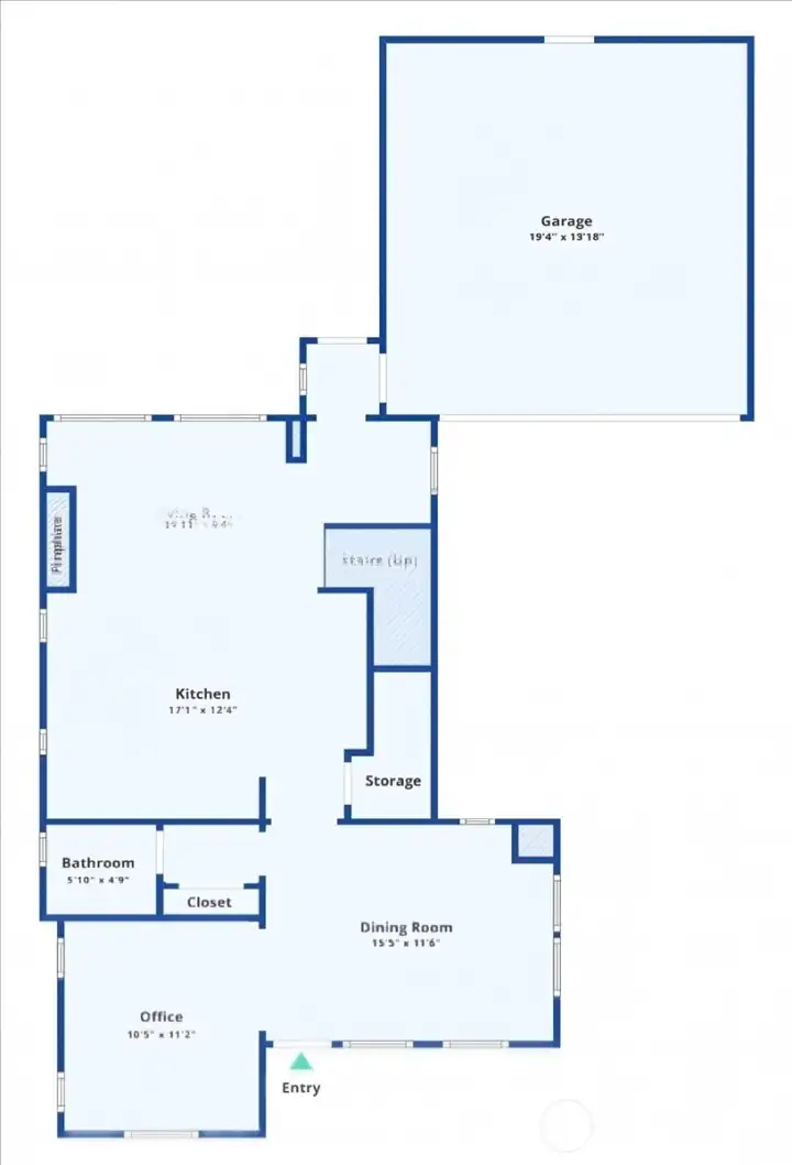 Main-level floor plan showing the open-concept living areas, kitchen, dining space, and attached two-car garage layout.