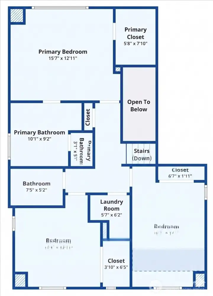 Upper-level floor plan showing three bedrooms, including the spacious primary suite, plus additional bath and loft-style circulation space.