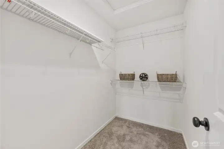 Large walk-in closet with built-in shelving and ample hanging space.