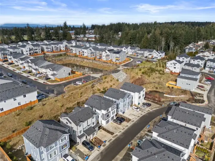 Aerial perspective showcasing surrounding neighborhood, nearby homes, and natural setting.