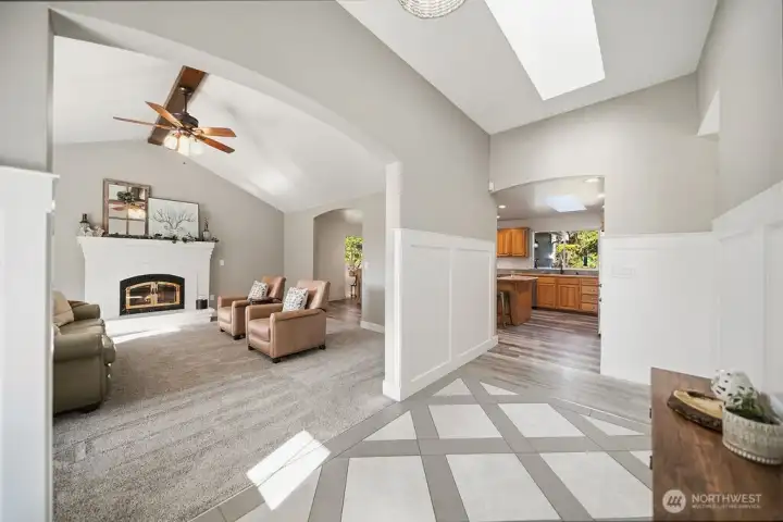 Open beam ceiling with fan/light in this large Great Room with access from the beautiful entry of the Dining-Kitchen Area. The Masonry fireplace has a wood burning insert and keeps this home cozy warm thru the winter. Open beam ceiling with fan/light in this large Great Room with access from the beautiful entry of the Dining-Kitchen Area. The Masonry fireplace has a wood burning insert and keeps this home cozy warm thru the winter.