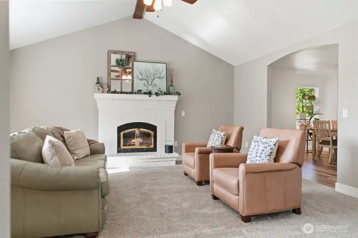 Vaulted, open beam ceiling frames the Masonry Fireplace. Vaulted, open beam ceiling frames the Masonry Fireplace.