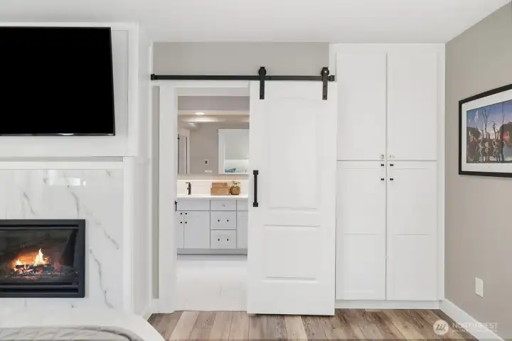 New Barn doors lead to the new five piece bathroom. New Barn doors lead to the new five piece bathroom.
