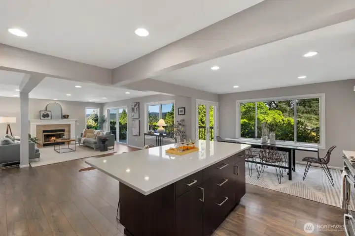 Dining area has french doors leading to the deck.