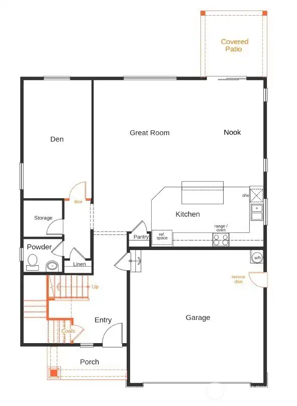 Main Floor Rendering 2565 Plan with Optional 9 ft ceilings on main, covered back patio, service garage door and den to door. Main Floor Rendering 2565 Plan with Optional 9 ft ceilings on main, covered back patio, service garage door and den to door.