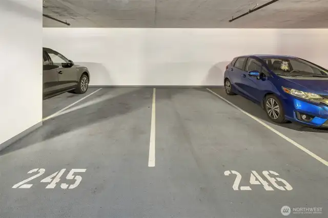 Two prime parking spots just up the ramp once you drive into main garage entrance.