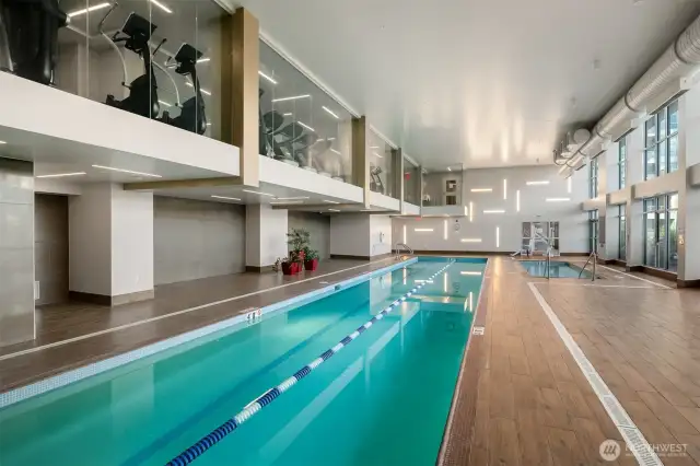 Heated indoor pool with steam room and sauna.