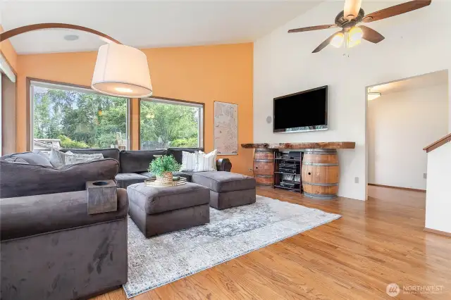 Vaulted ceiling and large picture windows.