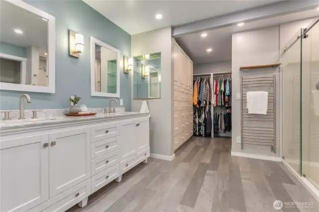Lower level primary on-suite and walk-in closet.