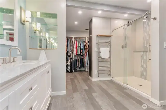 Lower level primary on-suite and walk-in closet.