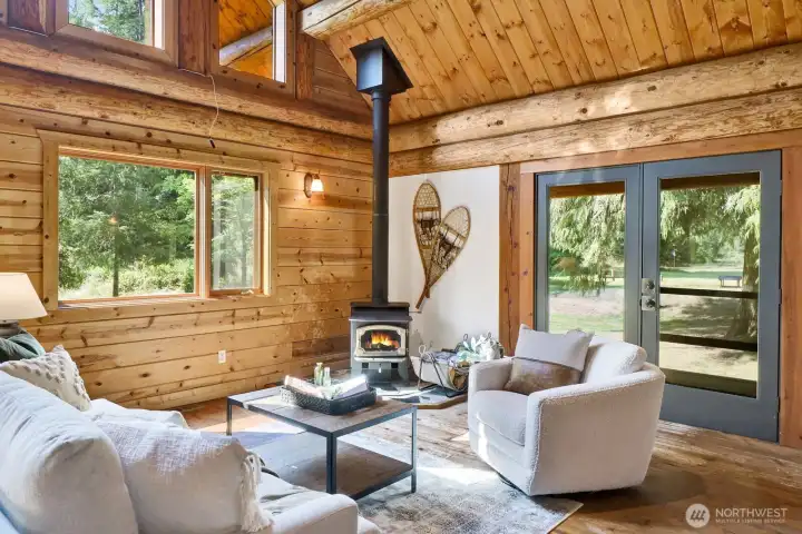 A cozy wood-burning stove adds ambiance