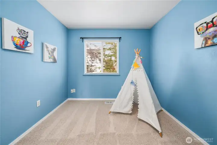 This cheerful bedroom is finished with bold blue walls and soft carpeting, offering personality and comfort. A wide window fills the space with natural light, making it perfect as a kids’ room, playroom, or creative space.