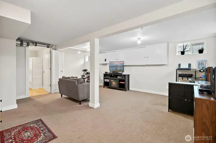 Head downstairs to the finished basement!