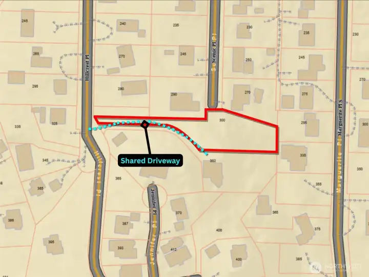 Approximate boundaries in red with approximate route of shared driveway in blue.